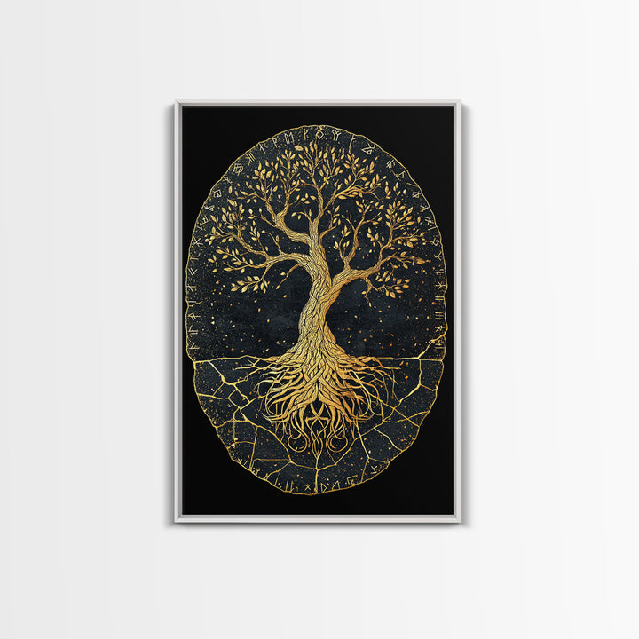 Yggdrasil Norse World Tree Canvas Gold Art Canvas Art Viking Mythology Wall Art Nordic Decor Dad Gift Framed with Natural Wood