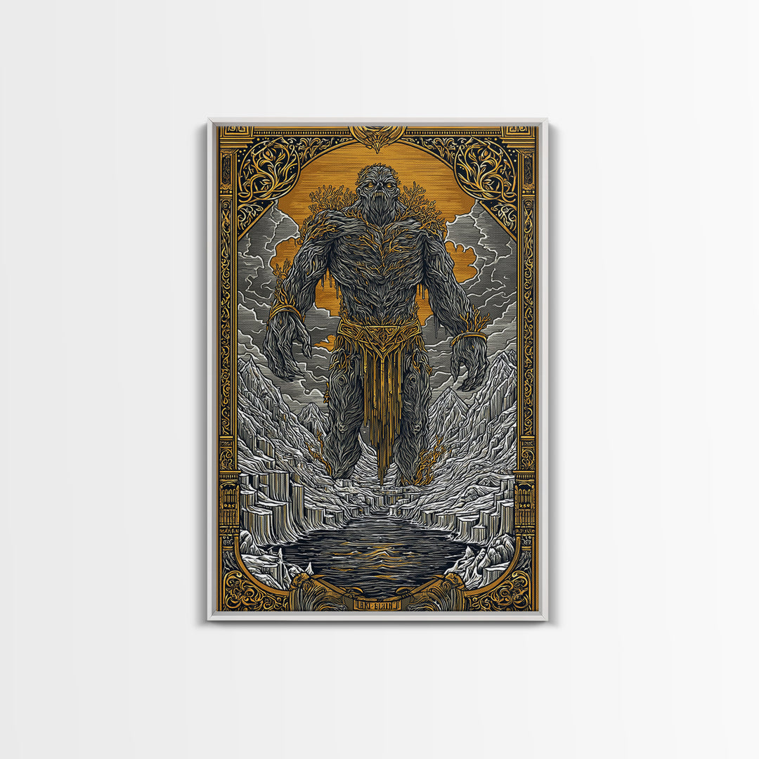 Canvas Gold Art Canvas Art of Ymir | Norse Mythology Wall Art with Natural Wood Frame | Viking Decor for Office, Study, or Man Cave