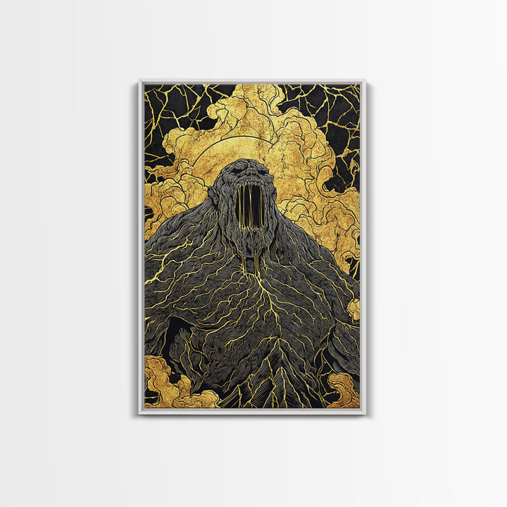 Nordic Ymir Mythology Canvas Gold Art Canvas Art | Giant Norse Wall Decor in Real Wood Frame | Man Cave, Office & Dad Gift Art
