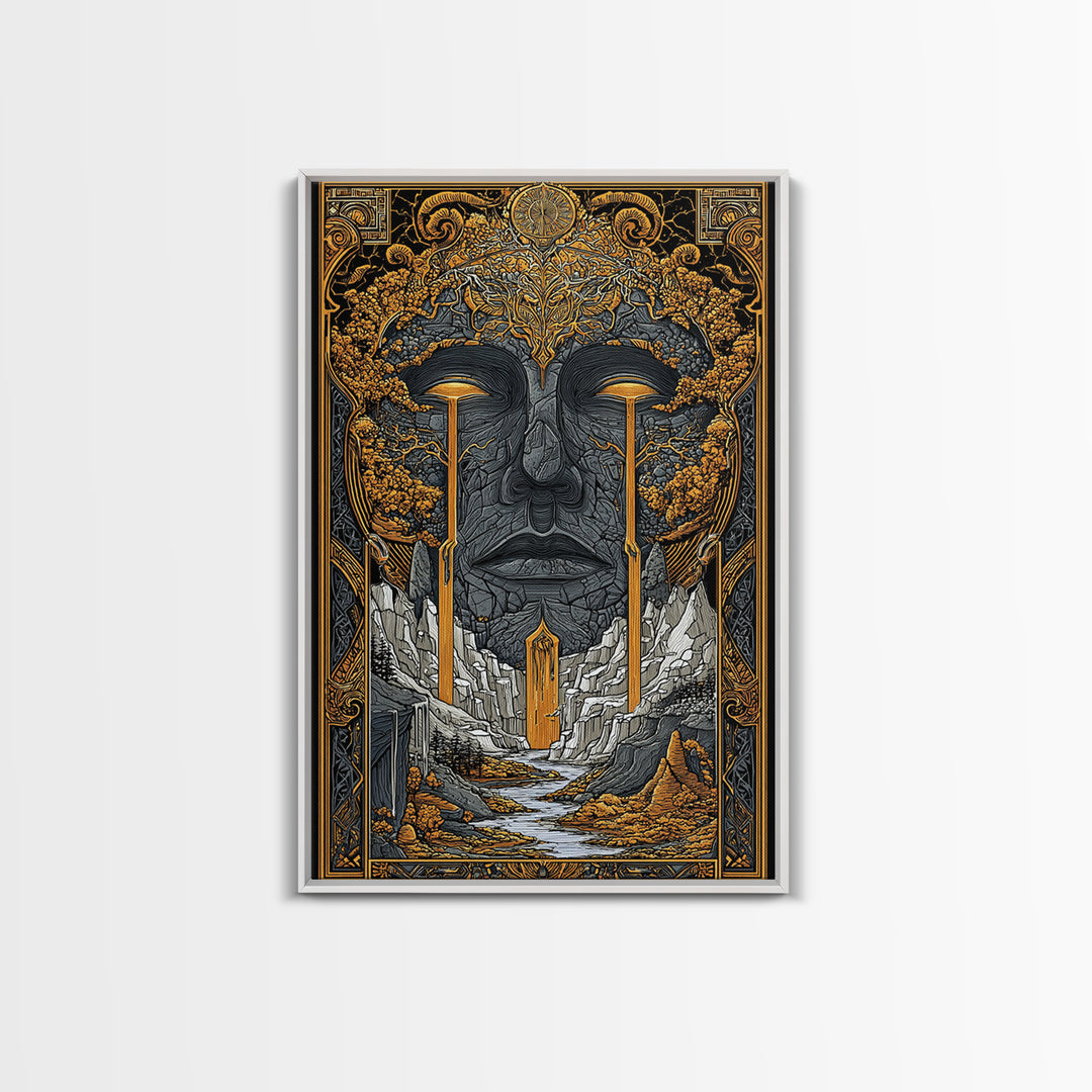 Nordic Mythology Canvas Gold Art Canvas Art | Yggdrasil Tree of Life Wall Art with Real Wood Frame | Viking Office & Dad Gift