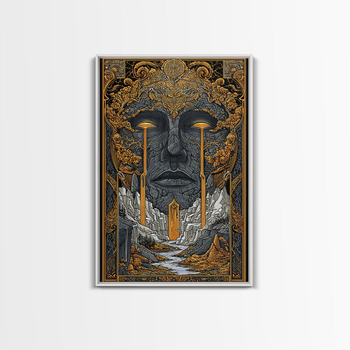 Nordic Mythology Canvas Gold Art Canvas Art | Yggdrasil Tree of Life Wall Art with Real Wood Frame | Viking Office & Dad Gift