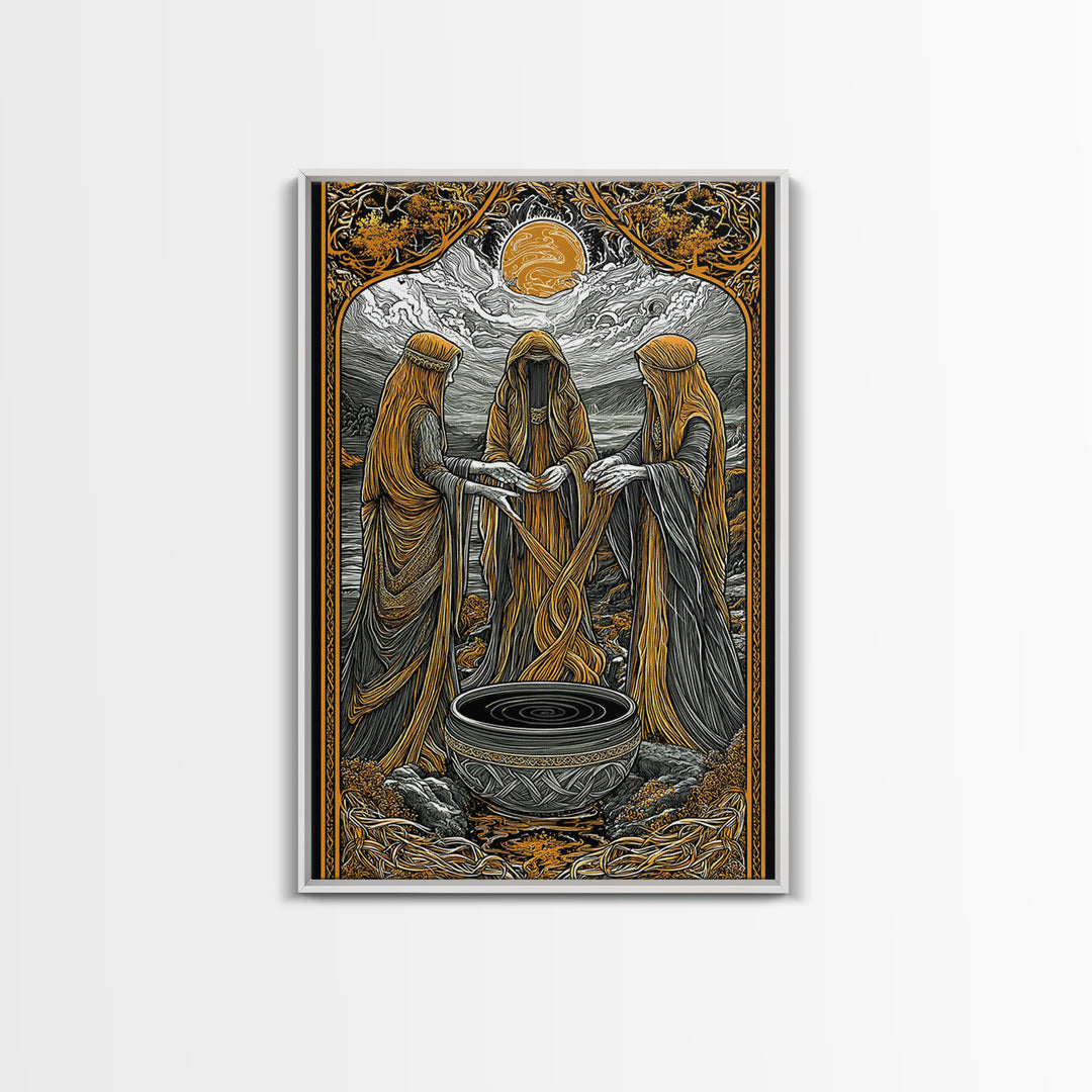 Norns Weaving Fate Canvas Gold Art, Norse Mythology Canvas Art of Urd, Verdandi, Skuld, Viking Wall Art framed in real wood