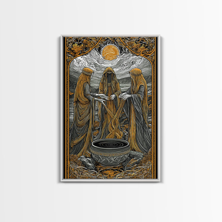 Norns Weaving Fate Canvas Gold Art, Norse Mythology Canvas Art of Urd, Verdandi, Skuld, Viking Wall Art framed in real wood