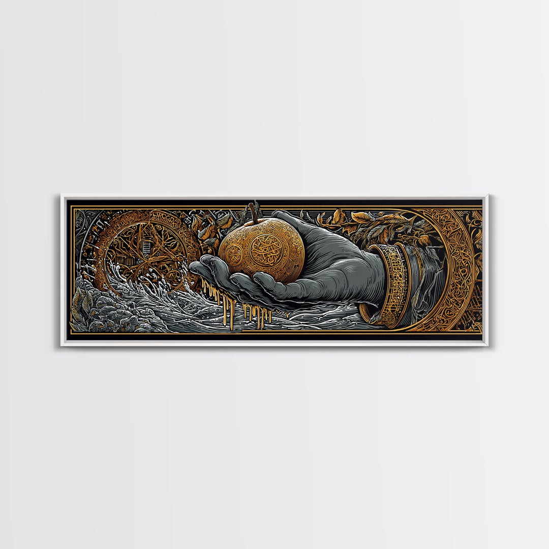 Golden Apple of Idunn Canvas Gold Art, Norse Mythology Canvas Art for Office or Man Cave, framed in natural wood, Viking Dad Gift