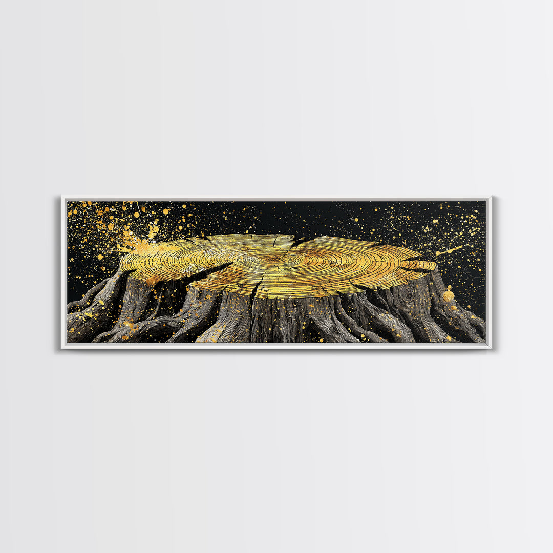 Viking Tree Stump Canvas Gold Art Nordic Mythology Canvas Art for Office or Man Cave, Norse Decor framed in real wood