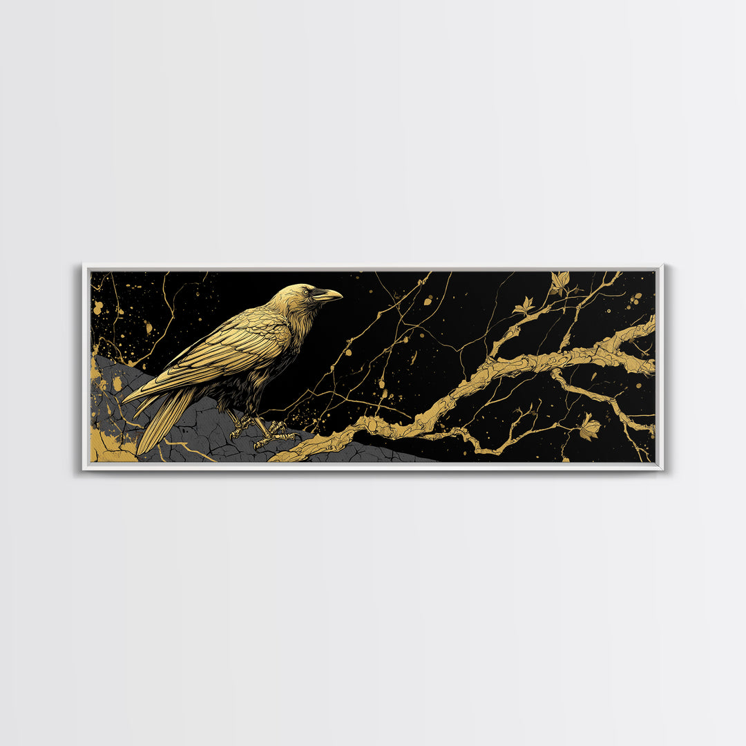 Odin’s Raven Canvas Gold Art Norse Mythology Canvas Art Viking Wall Decor with natural wood frame, Man Cave or Office Gift