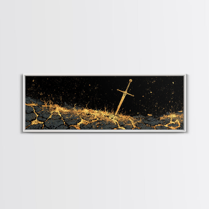 Viking Sword in Earth Canvas Gold Art Norse Mythology Canvas Art for Man Cave Decor with real wood frame, Office Warrior Gift