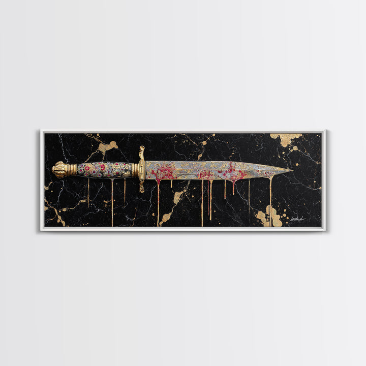 Decorative Dagger Canvas Gold Art Nordic Mythology Canvas Art Norse Weapon Decor framed in real wood, Viking Office Wall Art