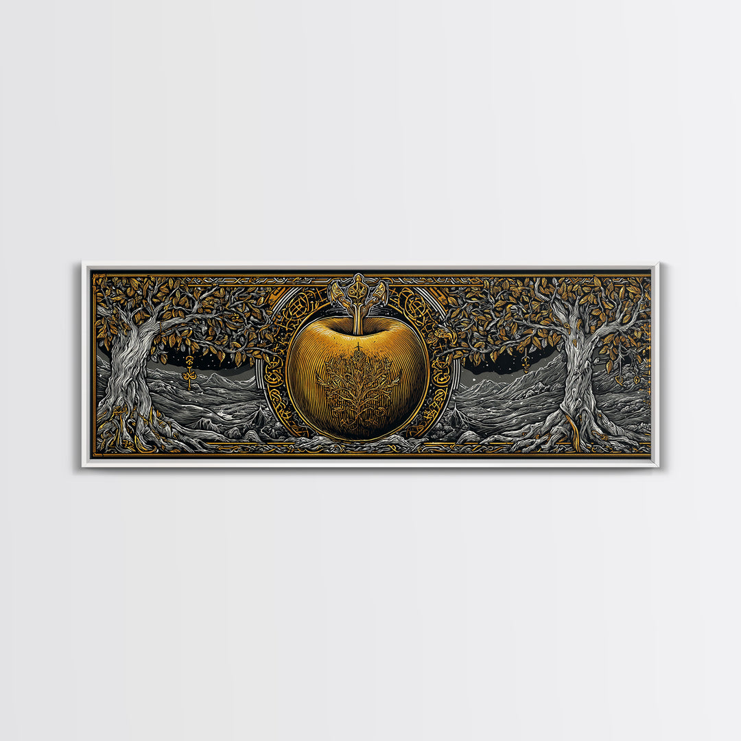 Norse Garden of Idunn Canvas Gold Art Viking Mythology Canvas Art Nordic Apple Decor with real wood frame, Man Cave Wall Art