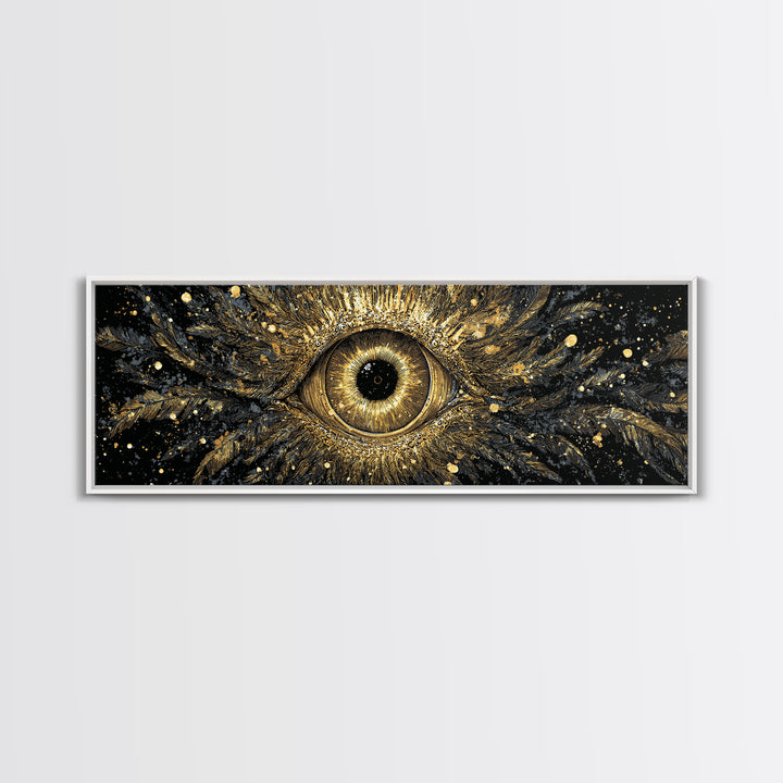 Odin’s All-Seeing Eye Canvas Gold Art Nordic Wall Decor Canvas Art for Office or Man Cave, framed in natural wood
