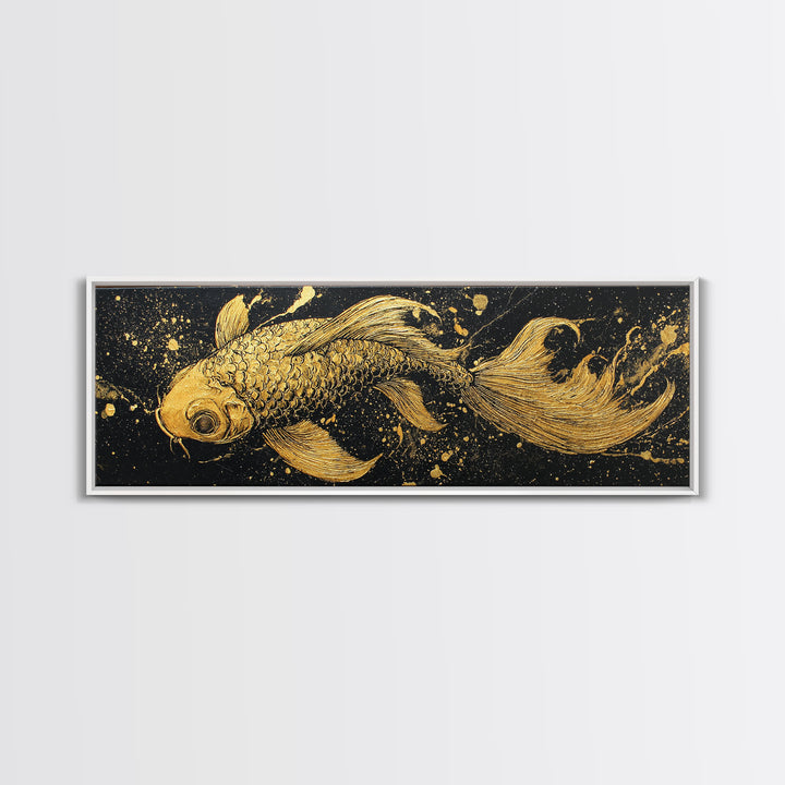 Koi Fish Canvas Gold Art Japanese Nordic Fusion Wall Art Canvas Art with real wood frame, great Viking Dad Gift or Office
