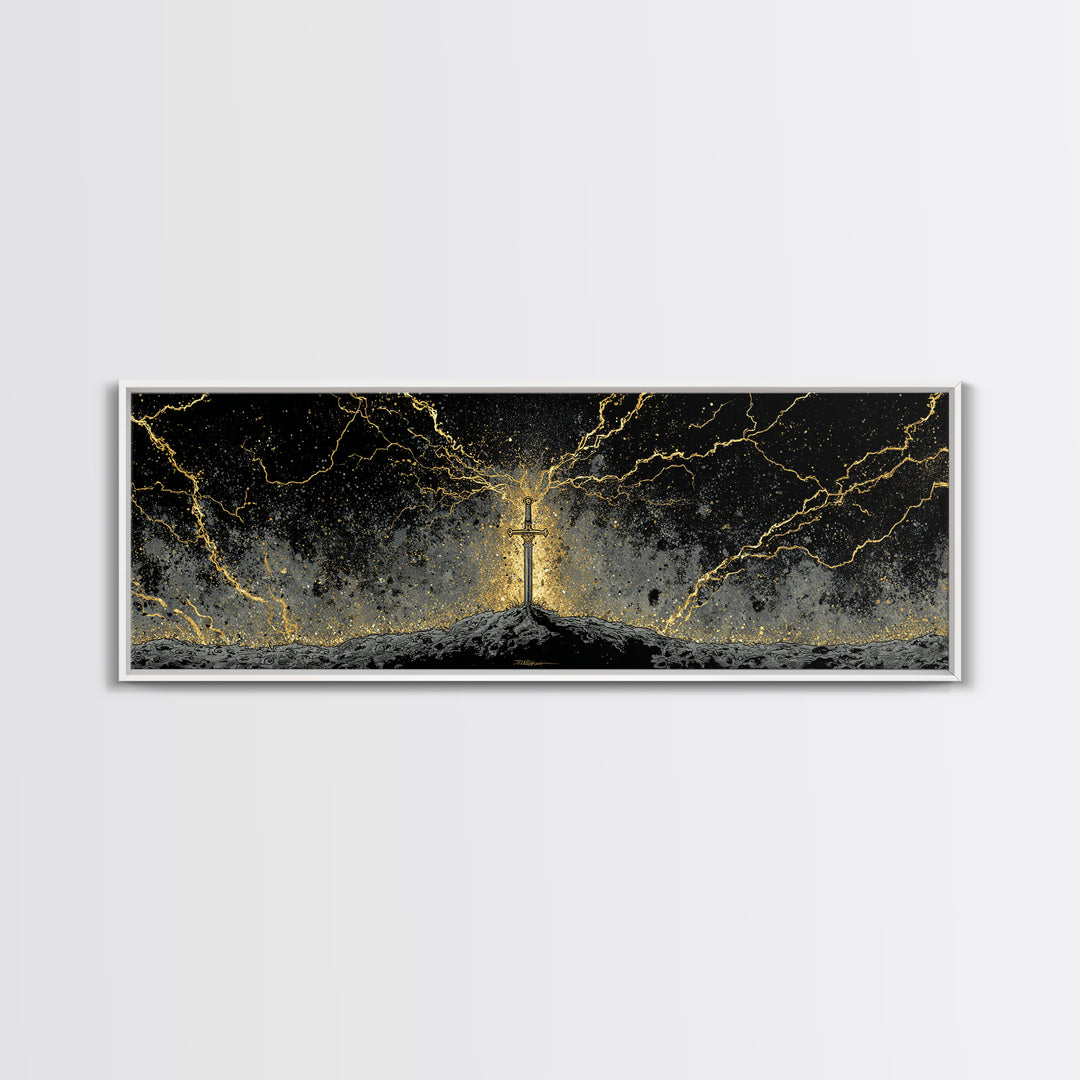 Legendary Sword Canvas Gold Art Norse Mythology Canvas Art Wall Decor for Men, Office or Man Cave framed in real wood