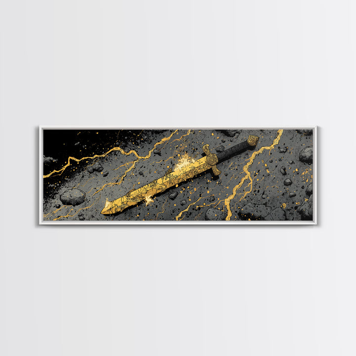Ancient Norse Blade Canvas Gold Art Canvas Art Viking Decor with natural wood framing, Office Wall Art or Man Cave Gift