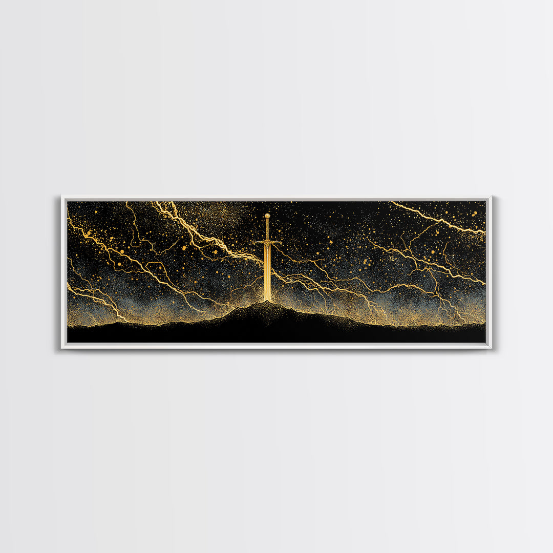 Mythic Sword of the Gods Canvas Gold Art Nordic Wall Decor Canvas Art framed in real wood, perfect Man Cave or Dad Gift