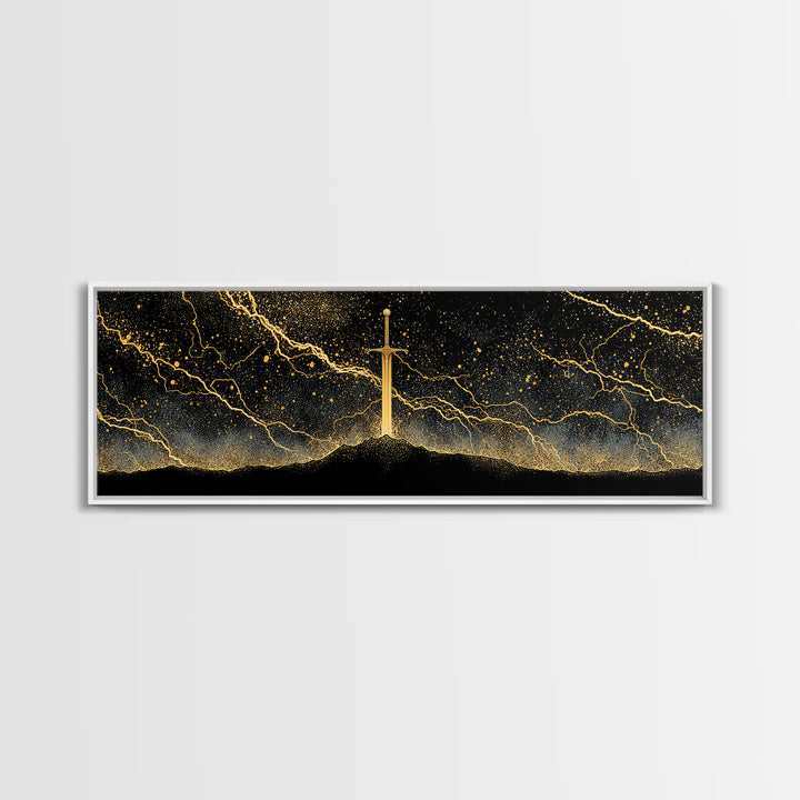 Mythic Sword of the Gods Canvas Gold Art Nordic Wall Decor Canvas Art framed in real wood, perfect Man Cave or Dad Gift