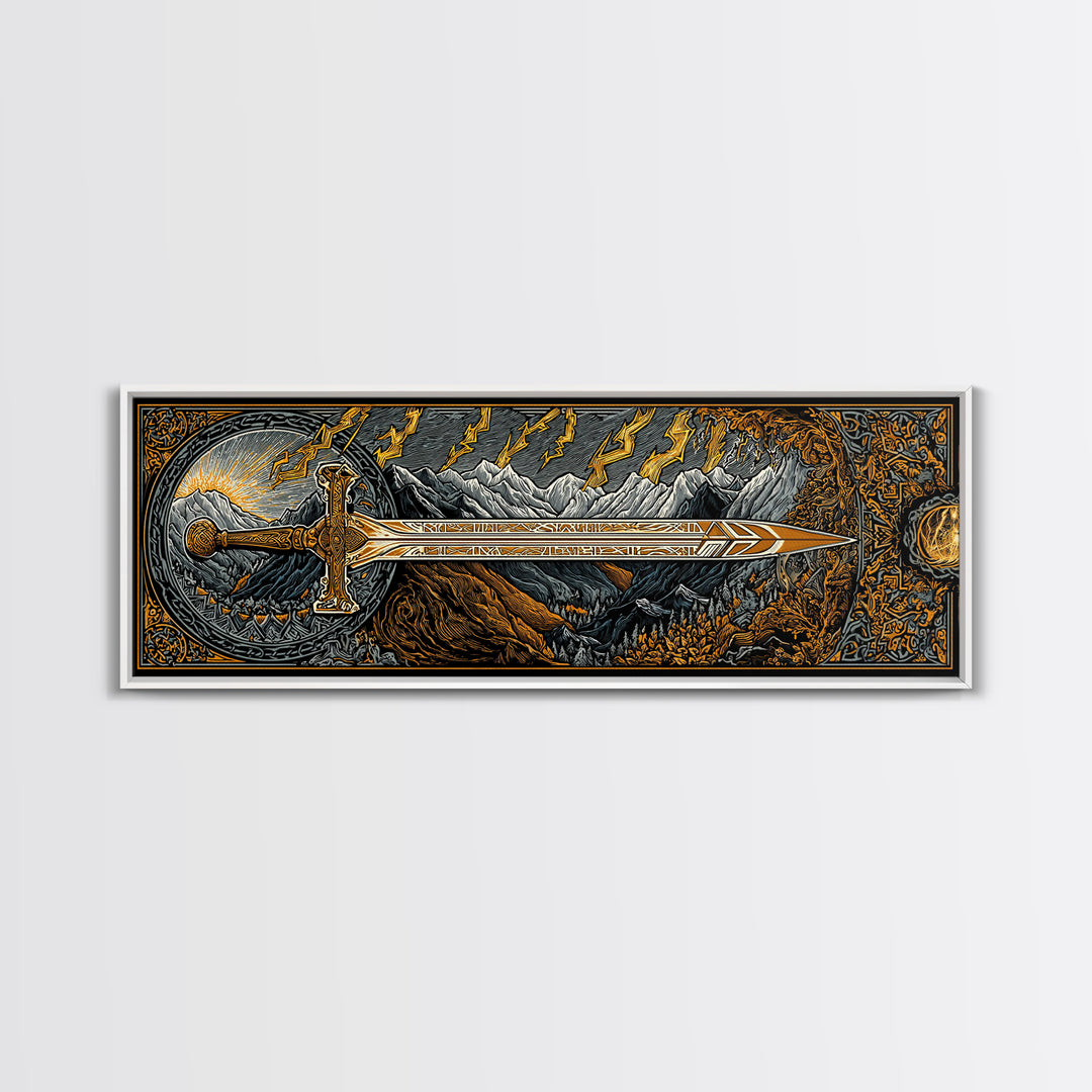 Norse Ornate Sword Canvas Gold Art Canvas Art Viking Mythology Wall Decor with real wood frame, Office Art for Men