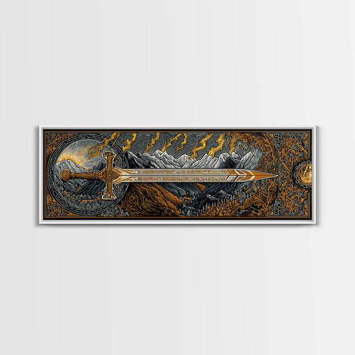 Norse Ornate Sword Canvas Gold Art Canvas Art Viking Mythology Wall Decor with real wood frame, Office Art for Men