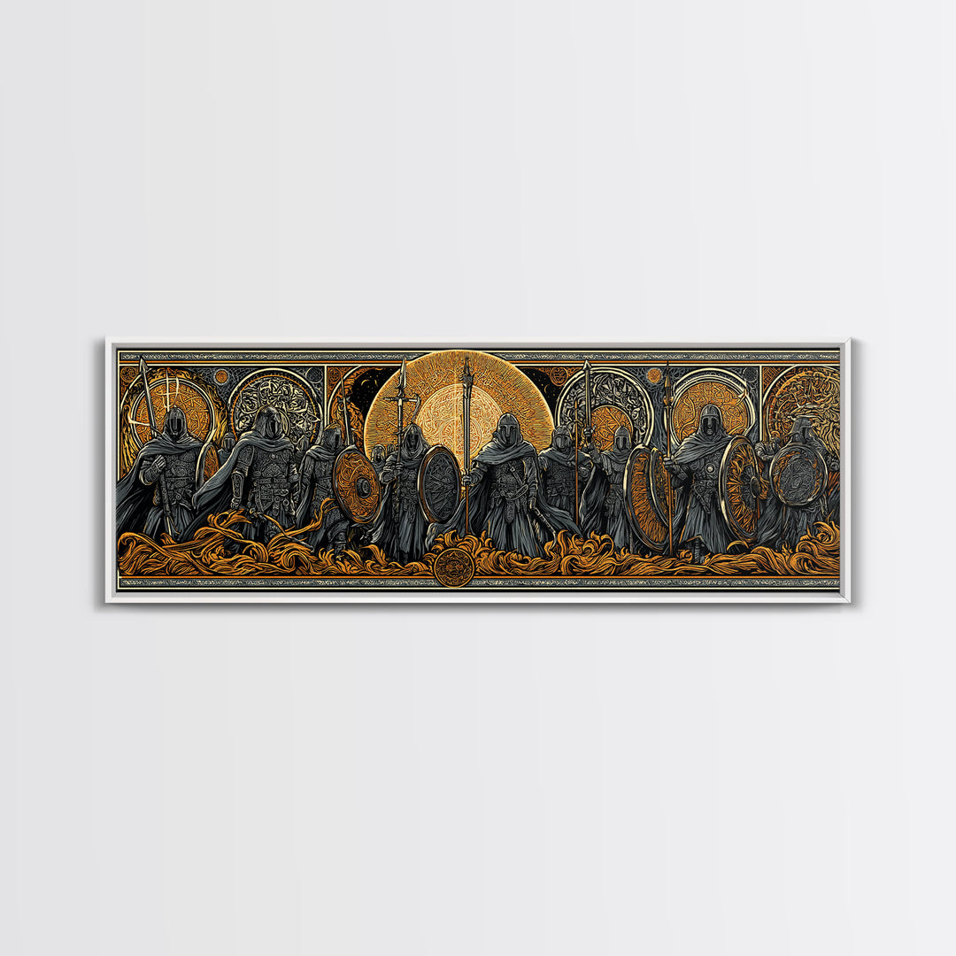 Einherjar Warriors Canvas Gold Art Norse Mythology Canvas Art with wood framing, Viking Man Cave Wall Art for Dad Gift