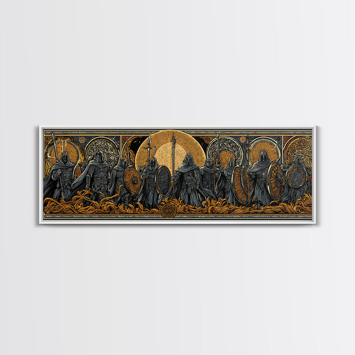 Einherjar Warriors Canvas Gold Art Norse Mythology Canvas Art with wood framing, Viking Man Cave Wall Art for Dad Gift