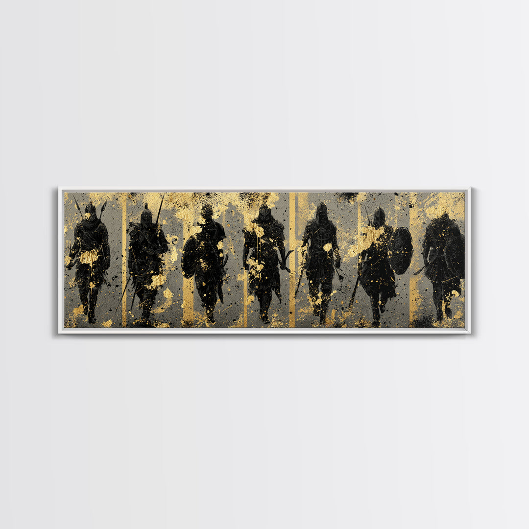 Viking Warriors Canvas Gold Art Norse Canvas Art Wall Decor framed in natural wood, perfect Office Art or Man Cave Decor