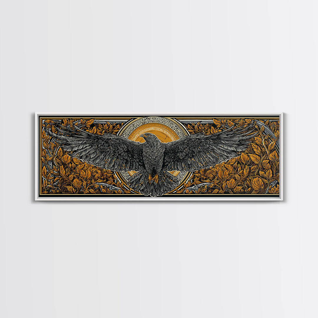 Odin’s Eagle Canvas Gold Art, Norse Mythology Canvas Art framed in real wood, Nordic Office Wall Decor, Viking Man Cave Gift