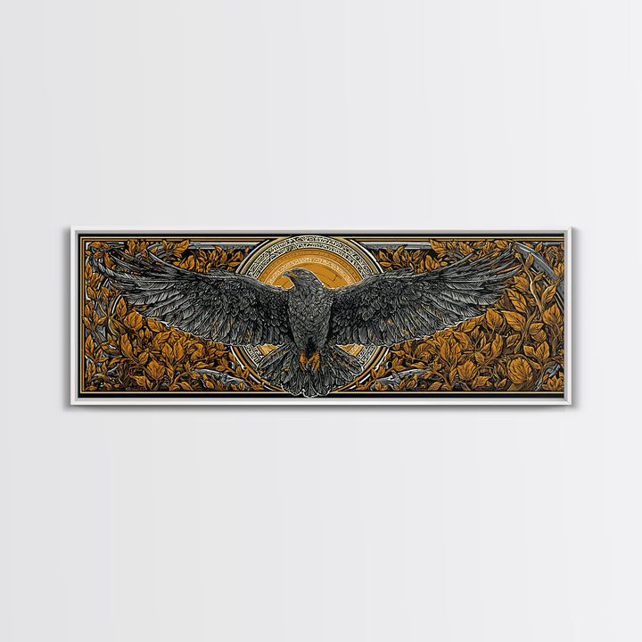 Odin’s Eagle Canvas Gold Art, Norse Mythology Canvas Art framed in real wood, Nordic Office Wall Decor, Viking Man Cave Gift