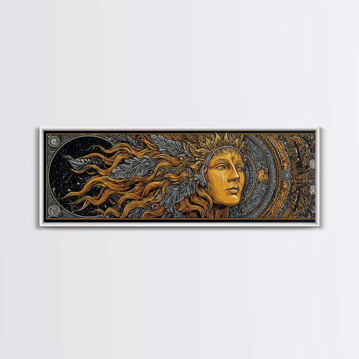 Canvas Art Canvas Gold Sun Goddess Norse Mythology Wall Decor, Nordic Office or Man Cave Art framed in natural wood