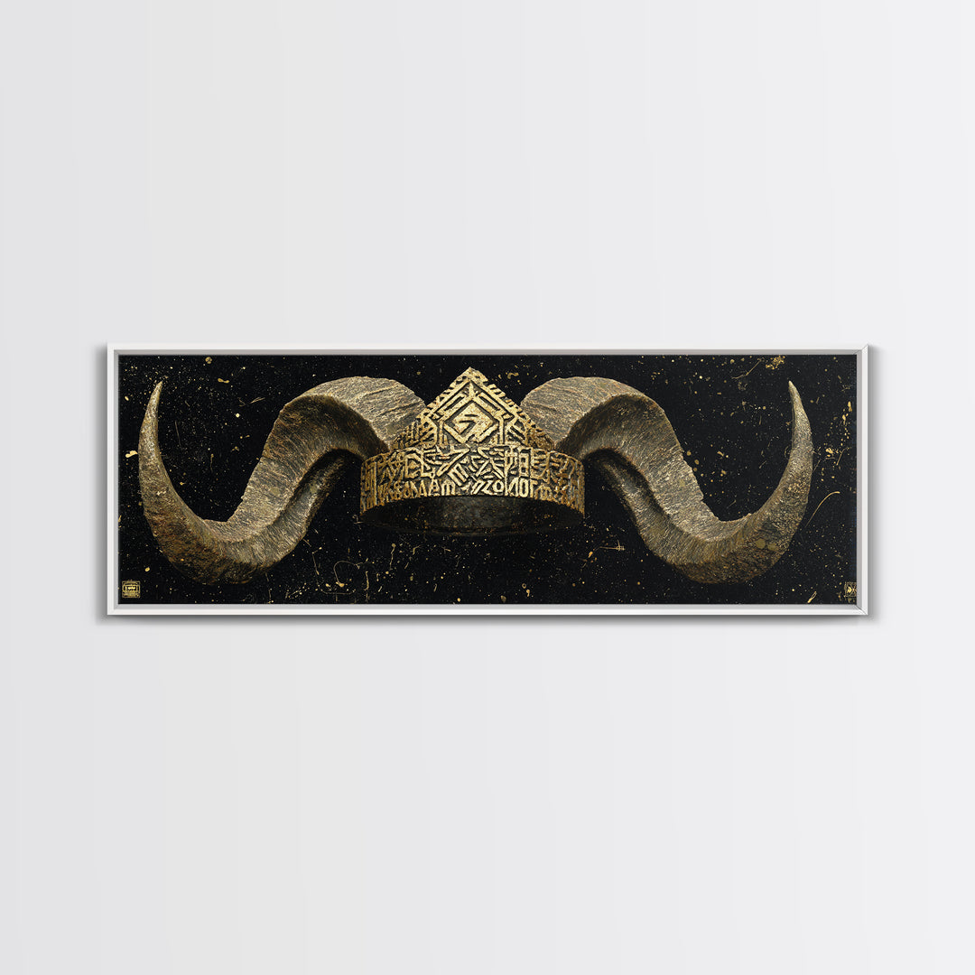 Nordic Horned Crown Canvas Gold Art, Viking Inspired Canvas Art Wall Hanging, Office Decor or Dad Gift in real wood frame