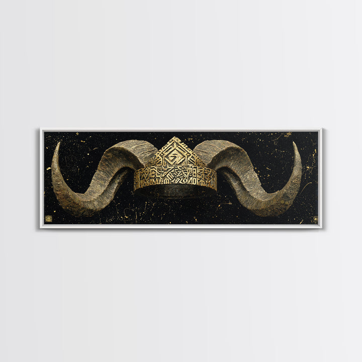 Nordic Horned Crown Canvas Gold Art, Viking Inspired Canvas Art Wall Hanging, Office Decor or Dad Gift in real wood frame