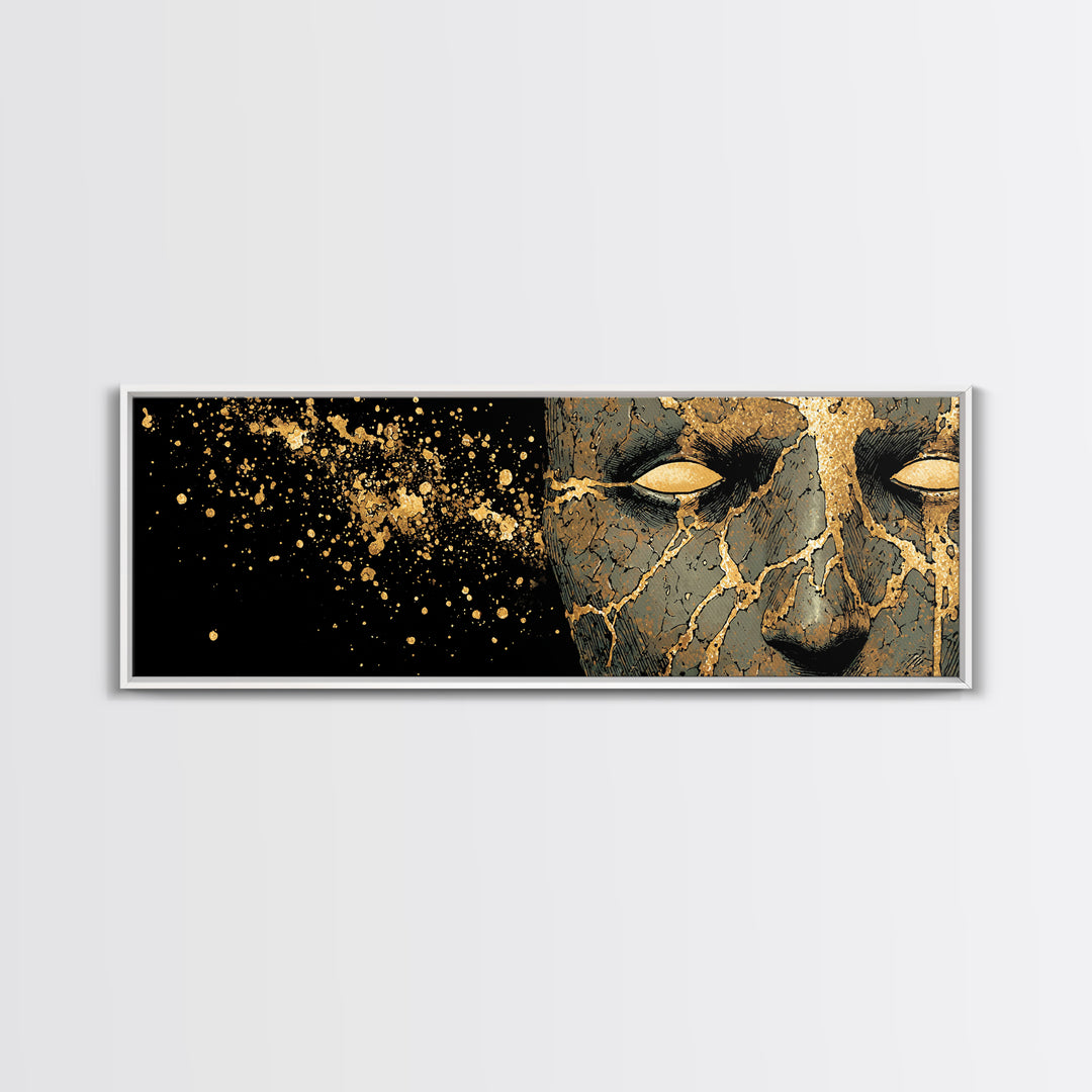 Canvas Art Canvas Gold Broken Face Nordic Mask, Norse Mythology Office or Man Cave Art, Viking Decor with natural wood frame