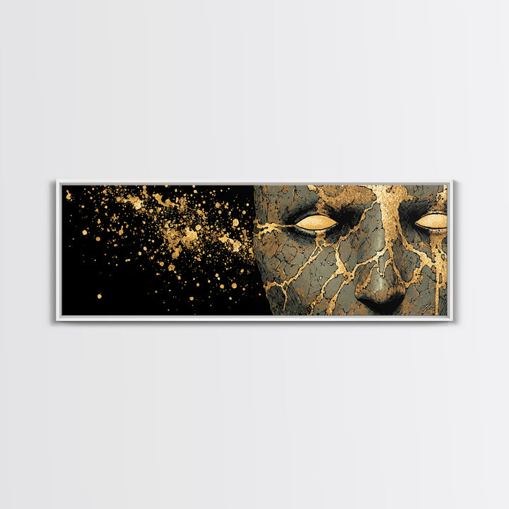 Canvas Art Canvas Gold Broken Face Nordic Mask, Norse Mythology Office or Man Cave Art, Viking Decor with natural wood frame