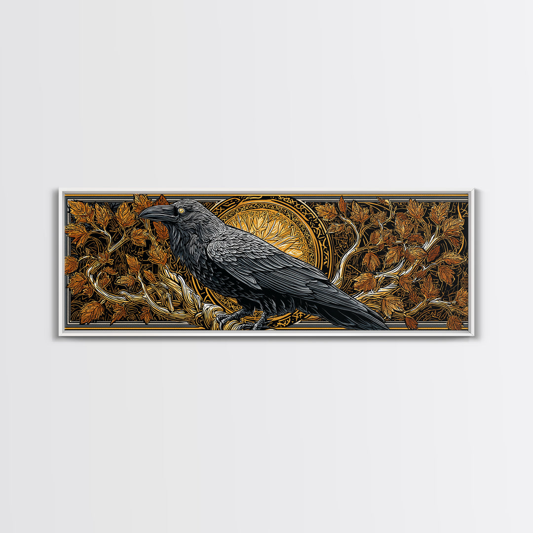 Canvas Gold Art Norse Raven Muninn Canvas Art, Viking Wall Decor framed in real wood, Nordic Mythology Office Art, Gift for Men