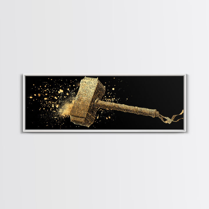 Thor’s Hammer Mjolnir Canvas Gold Art, Norse Mythology Canvas Art with real wood frame, Viking Office Wall Decor, Unique Dad Gift