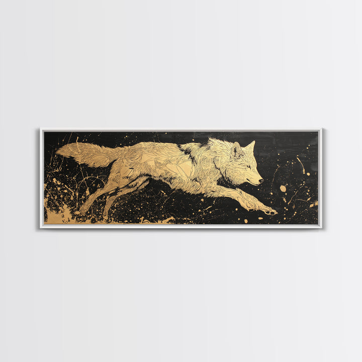 Fenrir Wolf Canvas Gold Art, Norse Mythology Canvas Art framed in natural wood, Viking Man Cave Decor, Nordic Wall Art Dad Gift