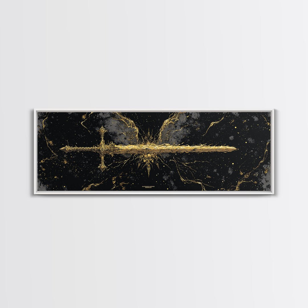Golden Sword Canvas Gold Art, Norse Mythology Canvas Art framed in real wood, Viking Office Wall Decor, Nordic Man Cave Gift