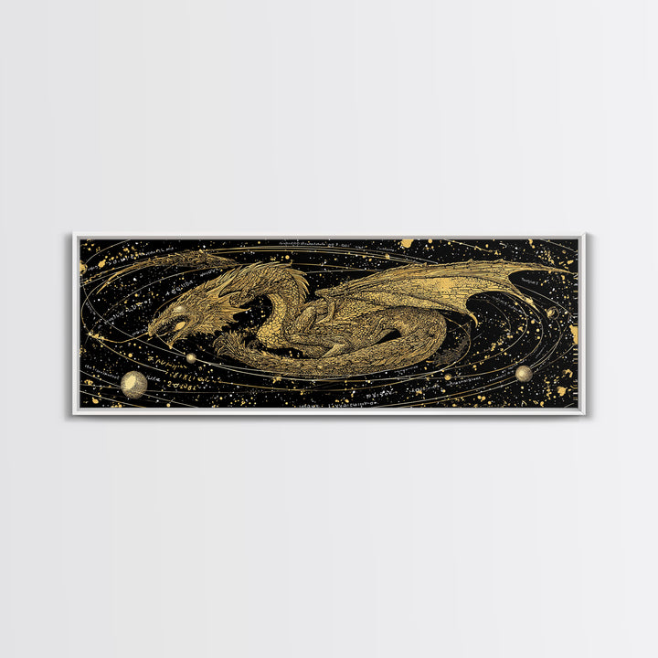 Jormungandr Dragon Canvas Gold Art, Norse Mythology Canvas Art with natural wood frame, Viking Decor for Office, Dad Gift Man Cave