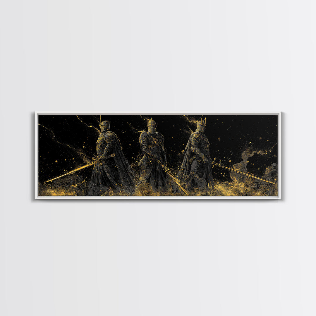 Einherjar Warriors Viking Canvas Gold Art Canvas Art, Norse Mythology Office Art Dad Gift, framed in natural wood