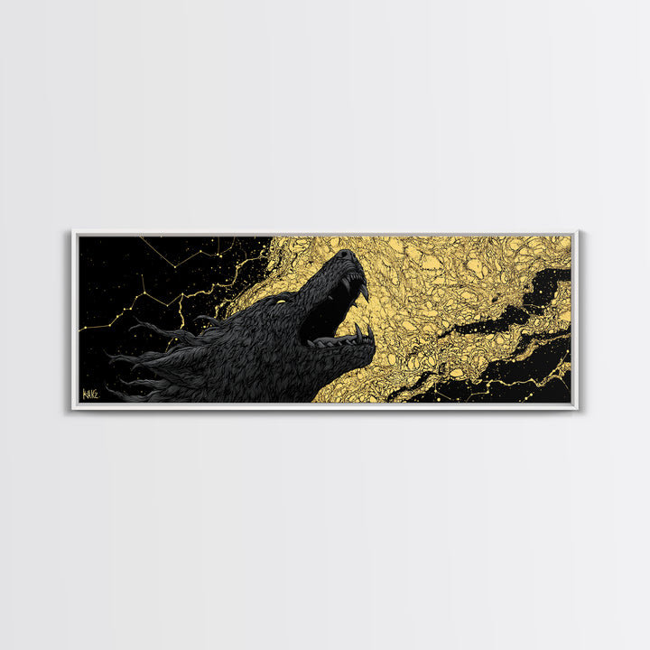 Fenrir Bound Norse Wolf Canvas Gold Art Canvas Art, Nordic Mythology Office Decor for Men, framed in natural wood
