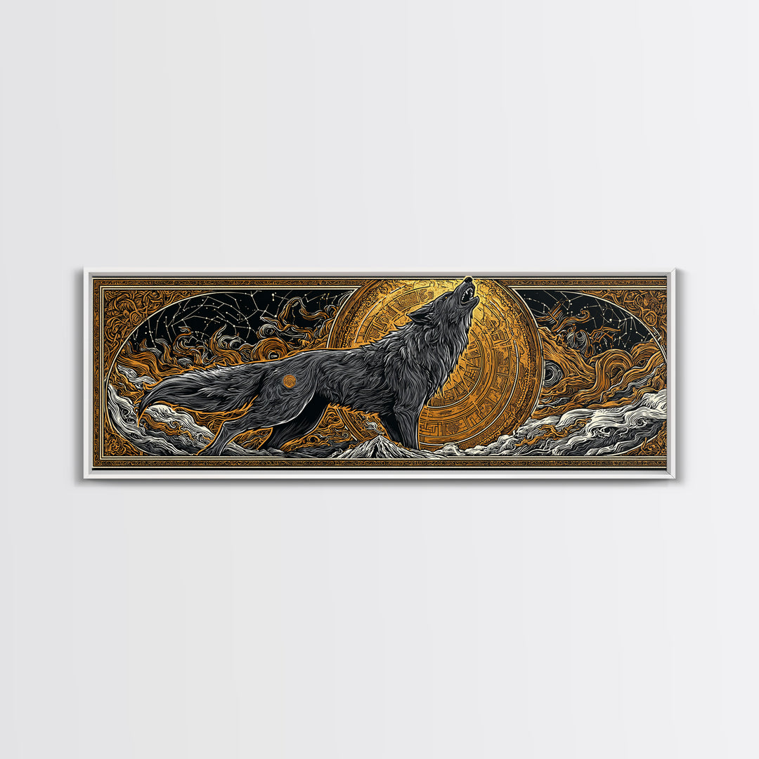Fenrir Wolf of Ragnarok Canvas Gold Art Canvas Art, Norse Mythology Office Decor Man Cave Wall Art, with real wood frame