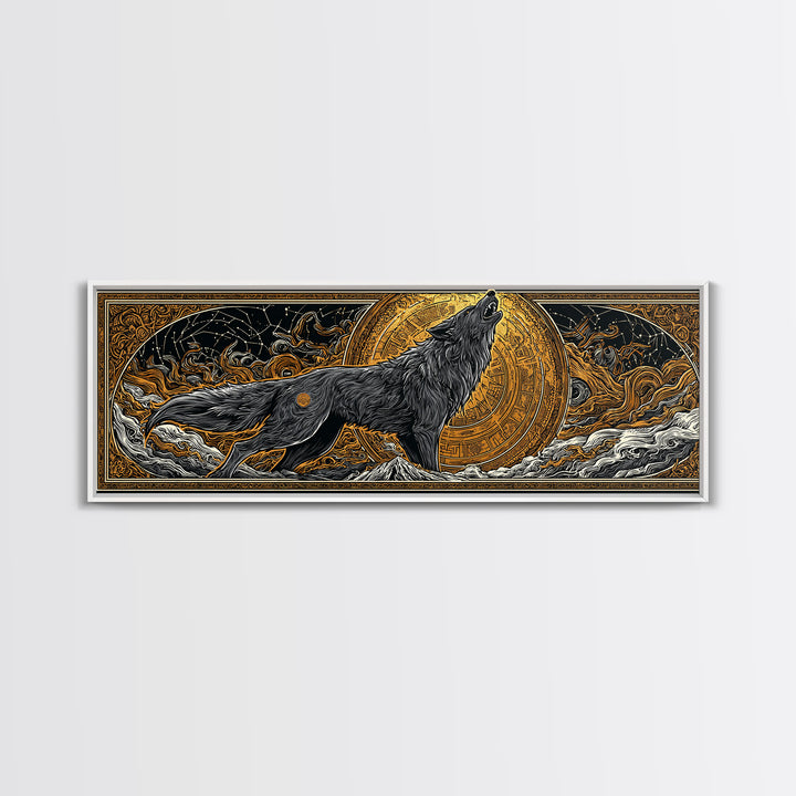 Fenrir Wolf of Ragnarok Canvas Gold Art Canvas Art, Norse Mythology Office Decor Man Cave Wall Art, with real wood frame