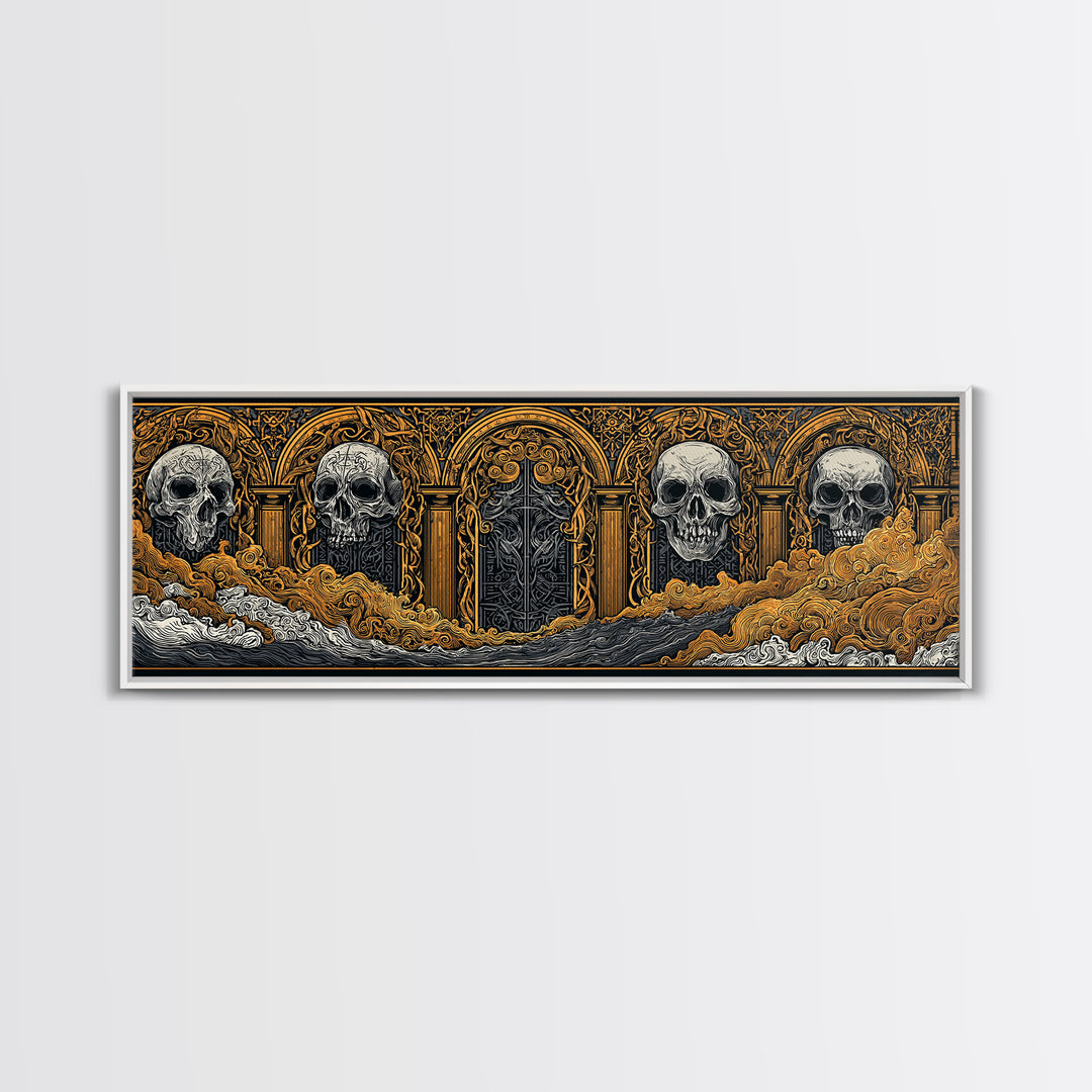 Helheim Canvas Gold Art, Norse Mythology Canvas Art with Nordic Skulls, Office Wall Decor for Men, Framed in Real Wood