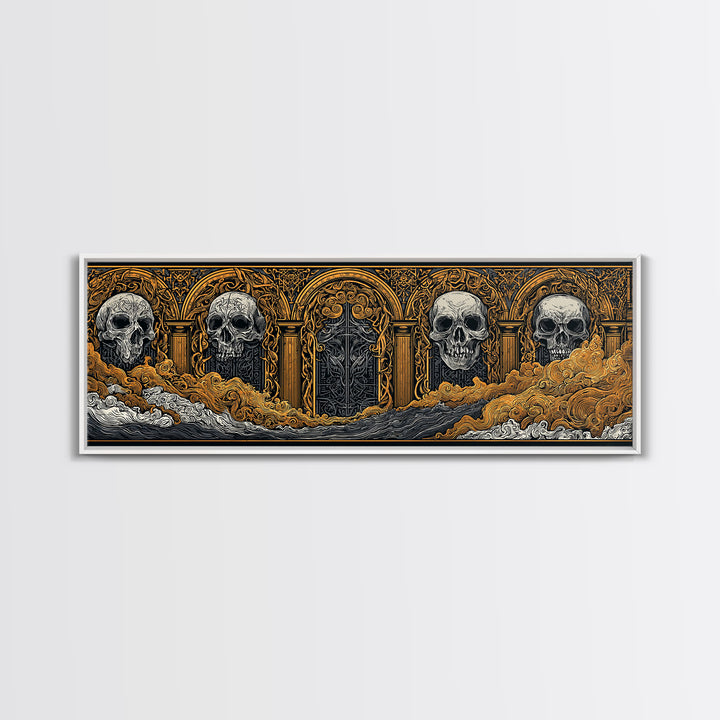 Helheim Canvas Gold Art, Norse Mythology Canvas Art with Nordic Skulls, Office Wall Decor for Men, Framed in Real Wood