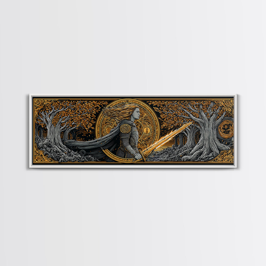 Hervor Nordic Warrior Goddess Canvas Gold Art, Mythology Inspired Canvas Art, Dad Gift or Office Art, Framed in Natural Wood