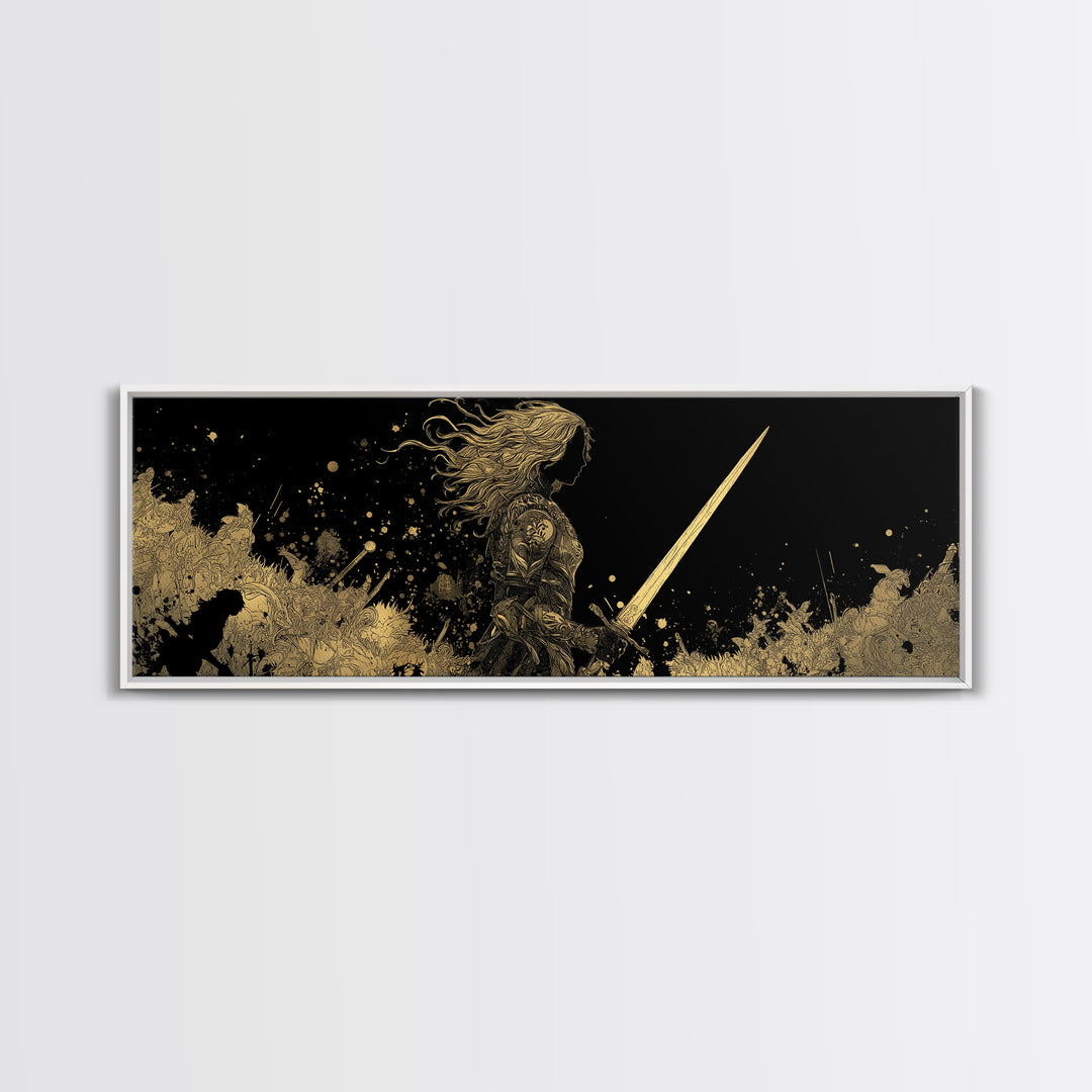 Hervor Warrior Canvas Gold Art, Viking Shieldmaiden Canvas Art, Nordic Mythology Office Decor, Natural Wood Frame Gift