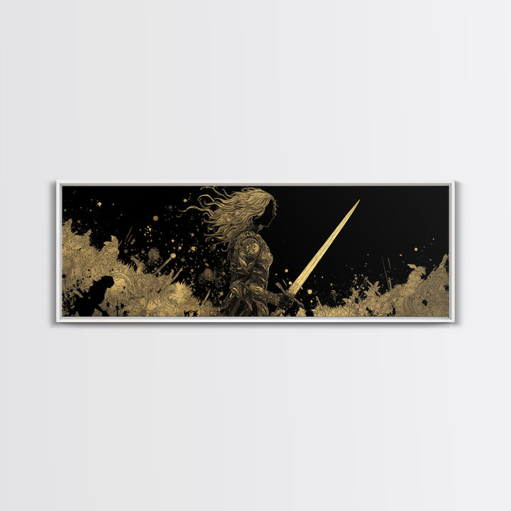 Hervor Warrior Canvas Gold Art, Viking Shieldmaiden Canvas Art, Nordic Mythology Office Decor, Natural Wood Frame Gift