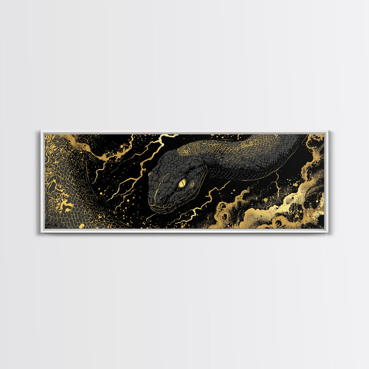 Jormungandr Serpent Canvas Gold Art, Norse Mythology Canvas Art, Viking Decor for Men’s Office or Man Cave, Real Wood Frame