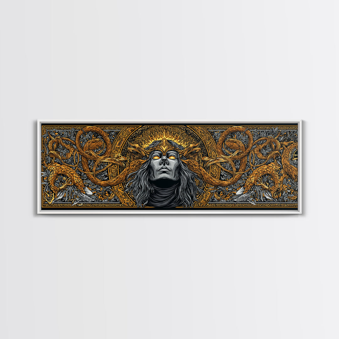 Norse Trickster Loki Canvas Art, Canvas Gold Art for Viking Lovers, Nordic Mythology Office or Dad Gift, Framed in Natural Wood