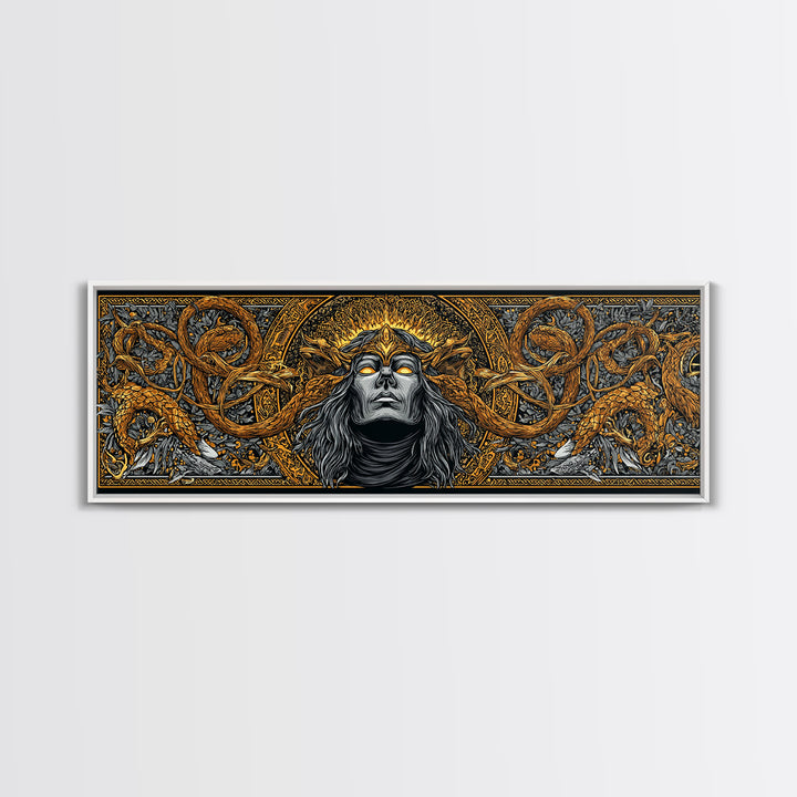 Norse Trickster Loki Canvas Art, Canvas Gold Art for Viking Lovers, Nordic Mythology Office or Dad Gift, Framed in Natural Wood