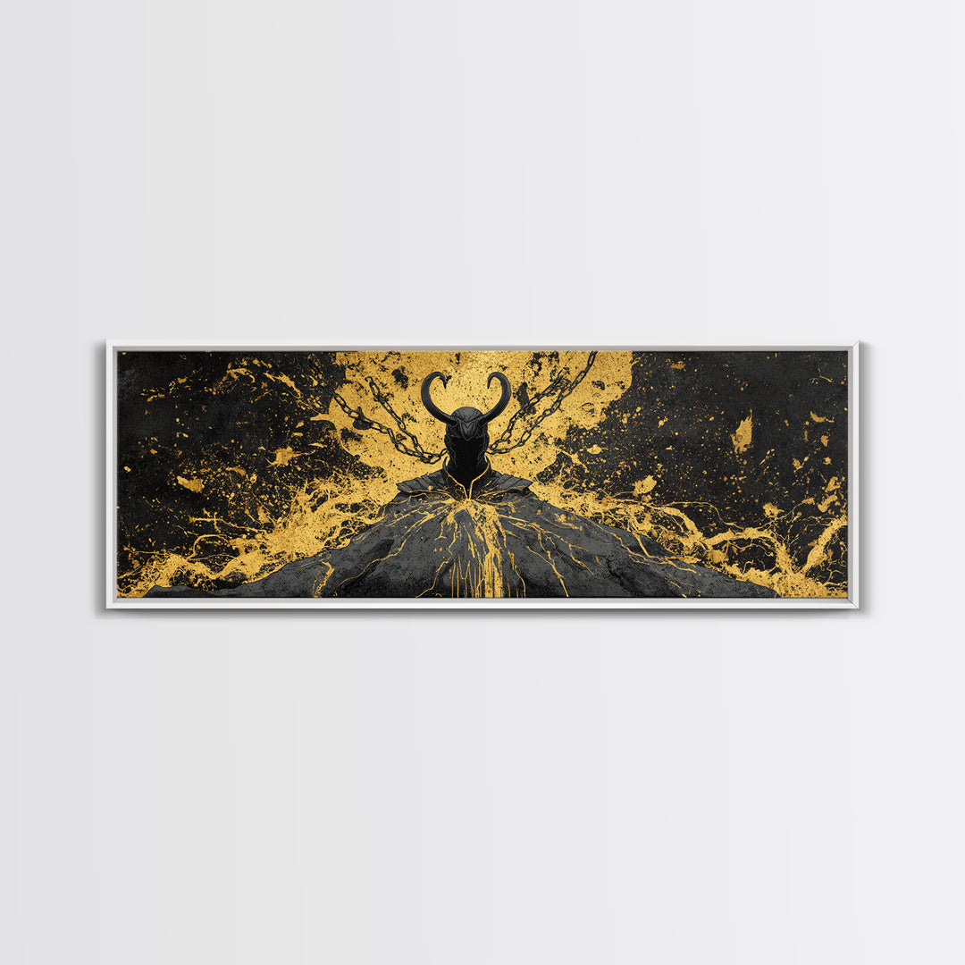 Loki God of Mischief Canvas Gold Art, Norse Mythology Canvas Art, Nordic Wall Decor for Man Cave or Office, Real Wood Frame