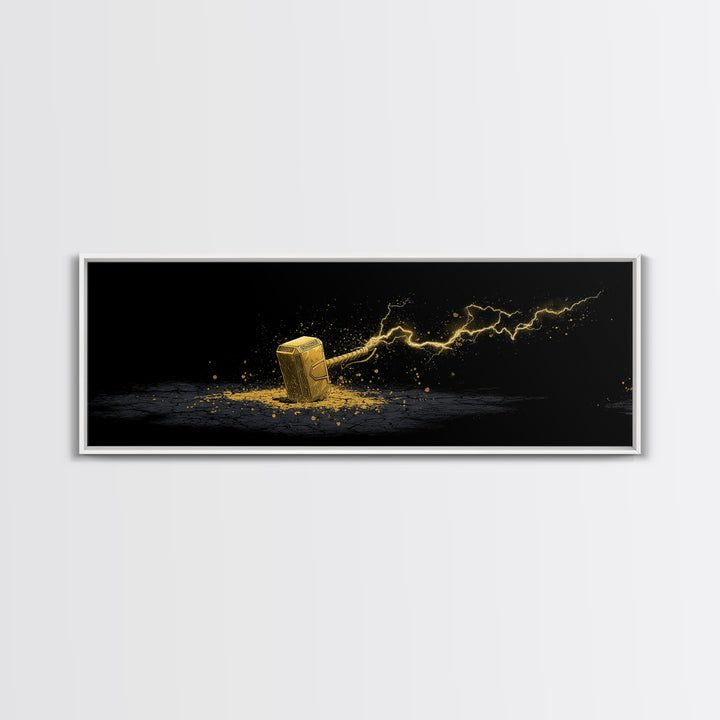 Canvas Gold Art Canvas Art – Thor’s Mjolnir with Lightning, Nordic Mythology Office Wall Art Dad Gift, natural wood framed